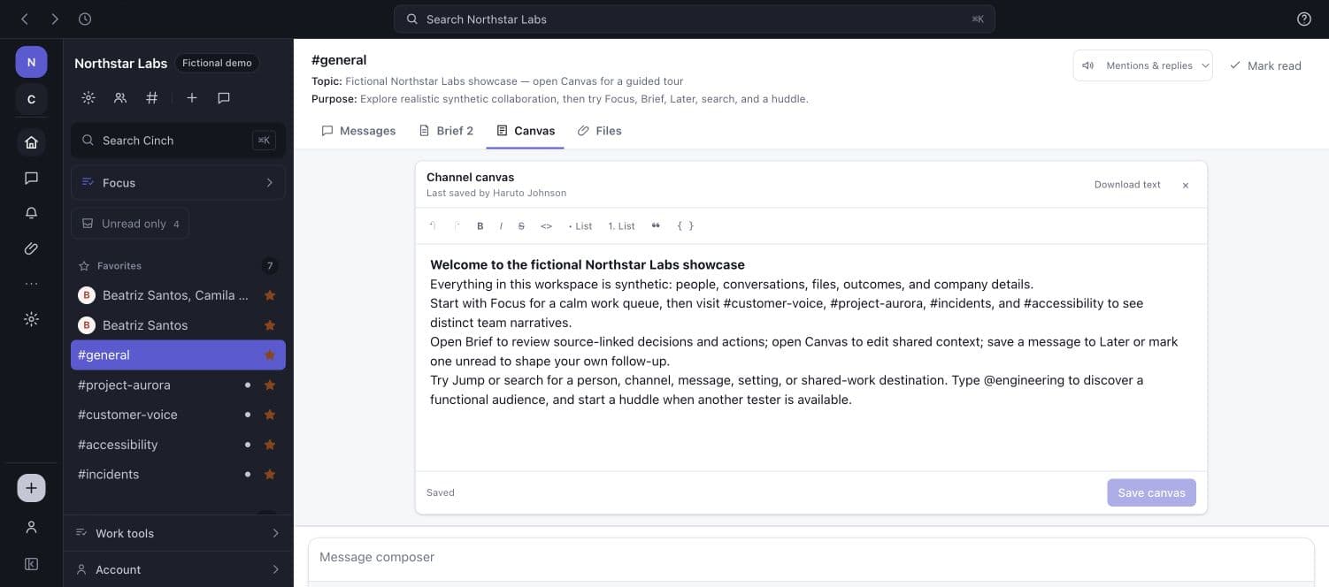 Northstar Labs shared channel Canvas containing the fictional demo guide