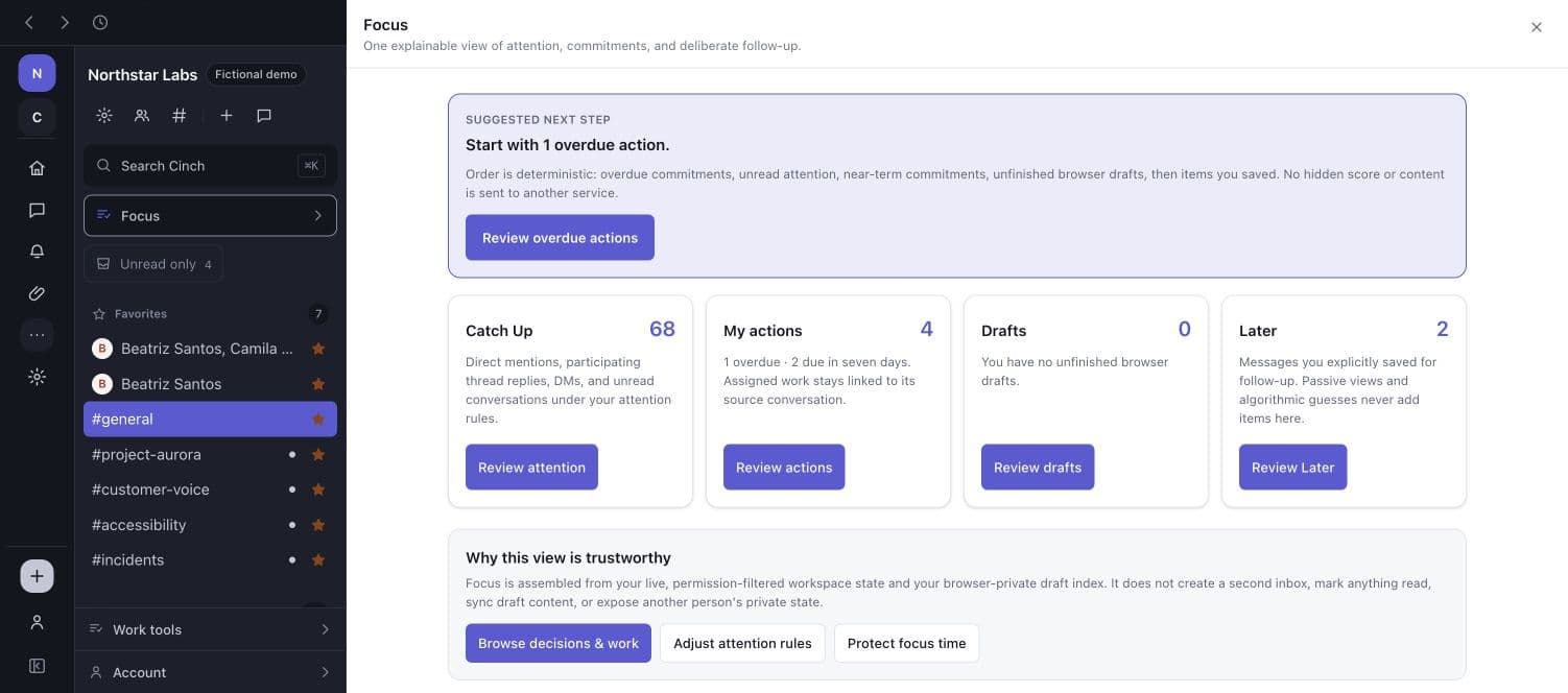 Northstar Labs Focus view with an explainable next step, Catch Up, actions, drafts, and Later