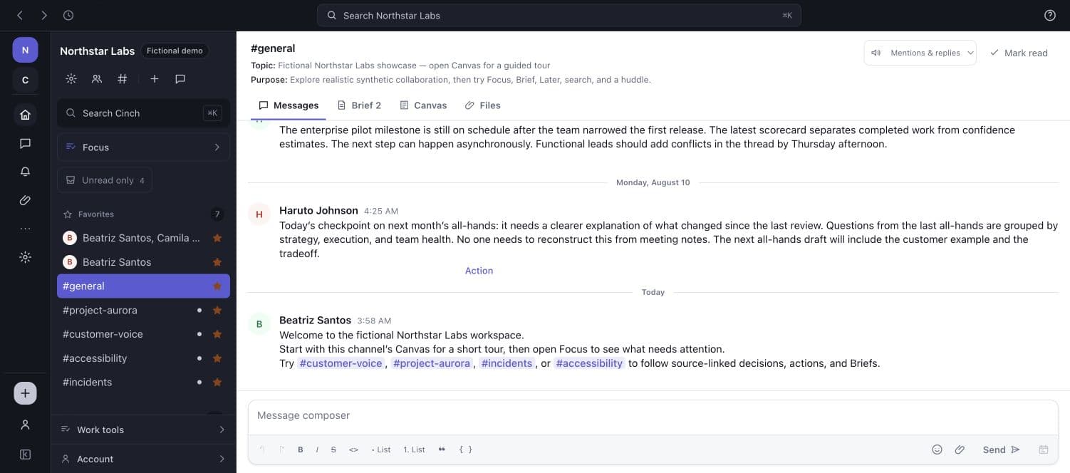 Northstar Labs Cinch workspace with channels, realistic messages, and conversation tools